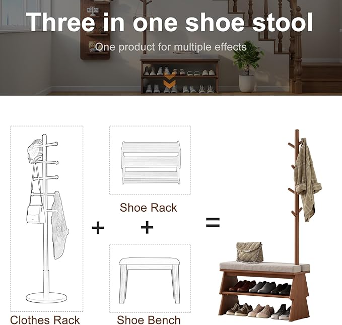 Coat Rack with Shoe Storage,Shoe Rack whit 8 Hook for Offices、Bedroom、Living Room,Small Shoe Bench,Walnut