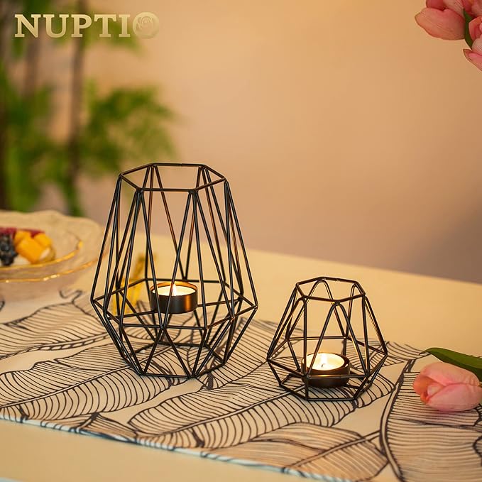 Nuptio 2 Pcs Tealight Holders - Tea Light Candle Holders Geometric Candle Holder for Dining Table Decorations Centrepiece, Black Fireplace Ornaments for Living Room, Wedding Housewarming Gifts
