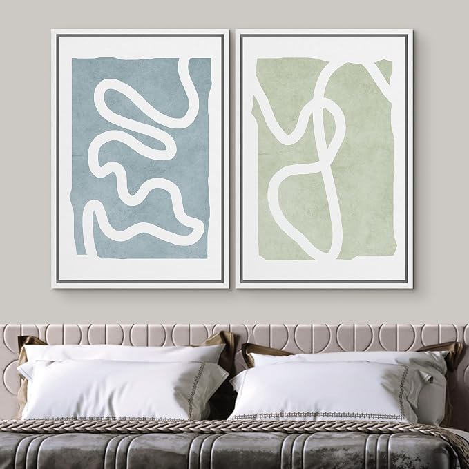 SIGNWIN Framed Wall Art Print Set White Lines Over Blue Green Background Abstract Swirly Digital Art Modern Art Mid-Century Modern Expressive for Living Room, Bedroom, Office - 16"x24"x2 White
