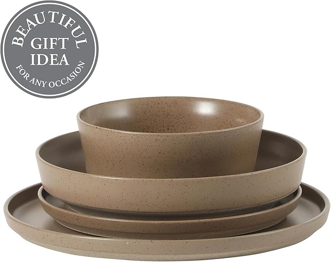 Gibson Elite Overbrook 16-Piece Pottery Clay Stoneware Dinnerware Set – Terraccotta Brown Reactive Glaze, Stackable Plates and Bowls w/Pasta Bowl, Service for 4 – Microwave & Dishwasher Safe