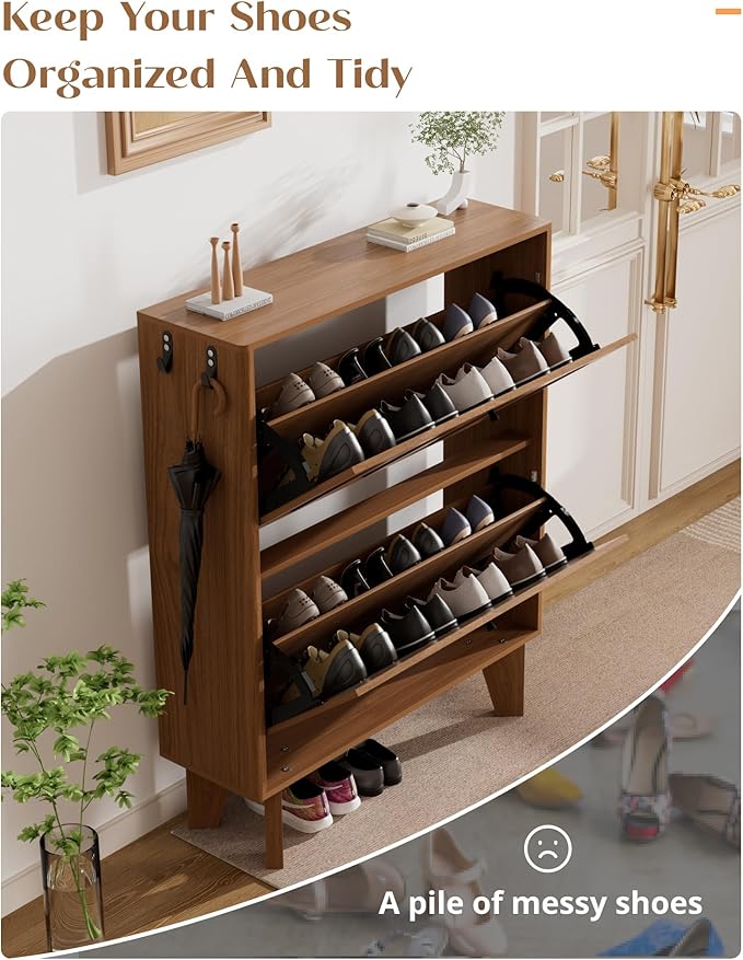 31.5" Shoe Storage Cabinet with 2 Flip Drawers, Narrow Shoe Cabinet for Entryway, Wood Shoe Rack Cabinet for Hallway, Walnut