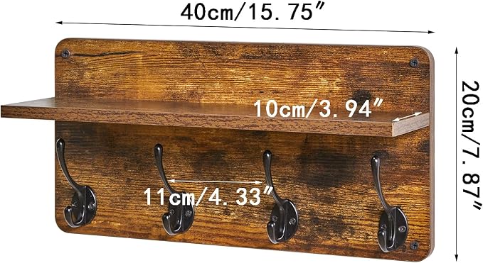 YMYNY Coat Rack Shelf Wall Mounted, Wooden Coat Hooks Set of 2, Entryway Coat Hanger with 8 Hooks,31.5''L Floating Shelves, Key Holder, for Kitchen, Bathroom, Living Room, Rustic Brown, UHWS006H-2