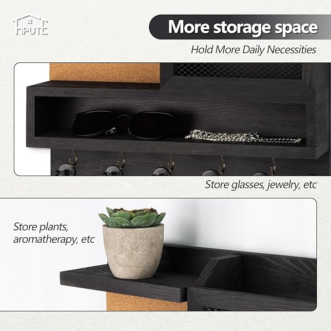 Key Holder for Wall with Mail Organizer,Farmhouse Mail and Key Holder for Wall,Key Hanger with ‌Metal 11 Hooks,Corkboard,and Shelf,Decorative Natural Pine Wood Entryway Organizer,14.6*11.1*3.3”,Black