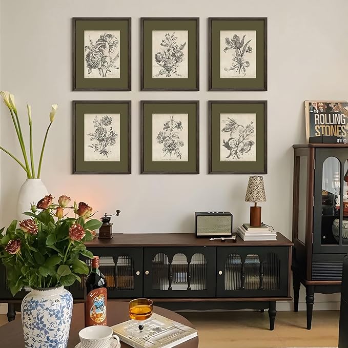 Vintage Floral Wall Art Sketch Flower Prints Antique Botanical Canvas Wall Art Decor Vintage Etchings Floral Poster Green Botanical Painting Sage Green Artwork for Bedroom 12x16x6 Inch Wood Framed