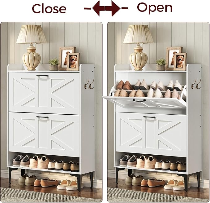 MAHANCRIS Shoe Storage Cabinet, Shoe Organizer with 2 Flip Drawers, Hidden Shoe Storage for Entryway, Freestanding Organizer with Open Storages, White SHWT9401