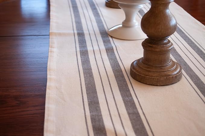 Gray Beige Stripped Farmhouse Cotton Table Runner, Dresser Scarf, Coffee Table Runner, Rustic Décor (17Wx54L)