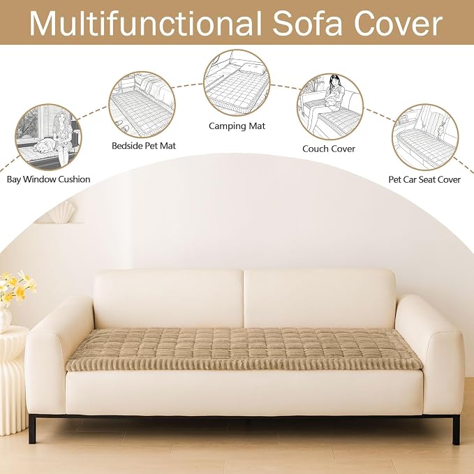 hyha Couch Cover for Dogs Washable, Non Slip Thick Flannel Sofa Protector, Pet Friendly Plush Furniture Cover for Sectional Sofa & Loveseat (Khaki, 43" x 63")