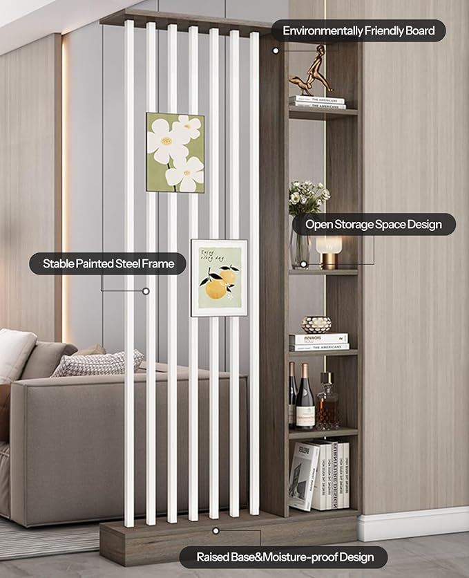 Wall Room Divider, Storage Cabinet Storage Display with Shelves, Modern Freestanding Wood Room Divider Screen, Wall Privacy Screens for Home Decorative (Grey Oak+White,31.5" L x 9.5" W x 79.5" H)