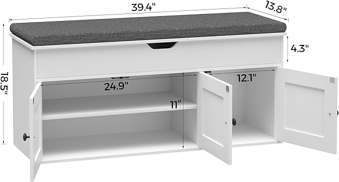 Homleke Shoe Storage Bench with Lift Top & 3 Barn Doors, Entryway Bench with Removable Cushion, Adjustable Shelf, Hidden Storage Cabinet for Hallway, Living Room, Bedroom - White