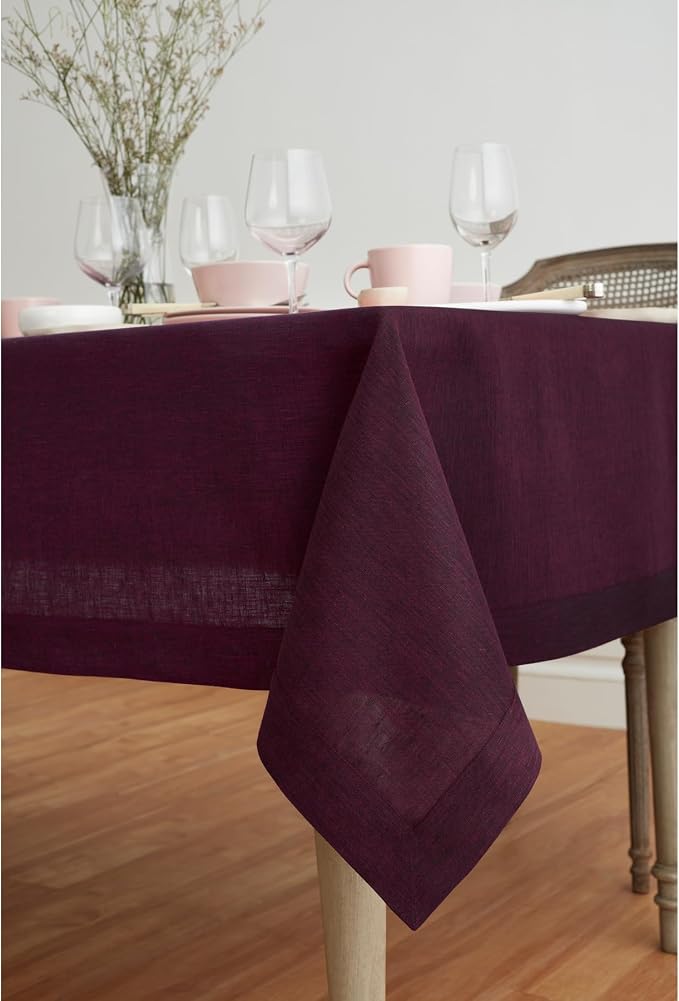 Solino Home Linen Tablecloth 60 x 108 Inch - 100% Pure Linen Chambray Burgundy Table Cloth for Rectangle Tables - Athena, Machine Washable Tablecloth