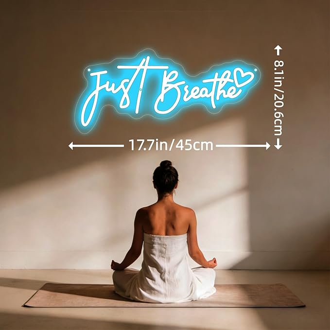 "Just Breathe" Neon Sign Beating Breath , Spa Decor For Wall, Bedroom Aesthetic Neon Light Wall Quote, for Yoga Room Pilates Studio Bedroom Gym Decoration, Meditation Room & Relaxation Gift-17.7IN-Ice Blue