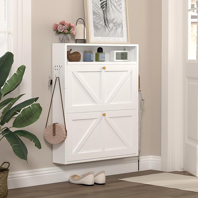 Shoe Storage Cabinet for Entryway, 2 Flip-Down Floating Hidden Shoe Rack, Ultra Slim Wall Mounted Steel Shoe Organizer for Small Spaces, Modern Front Door Shoe Storage, Anti-Tip, White