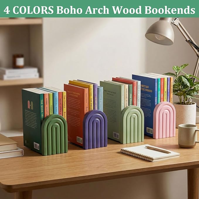 4 Pcs Boho Arch Wood Bookends Sage Green Rainbow Wooden Book Stands with Non-Slip Metal Base, Bookends for Shelves Heavy Books Back to School Home Office Study Desk Organizer