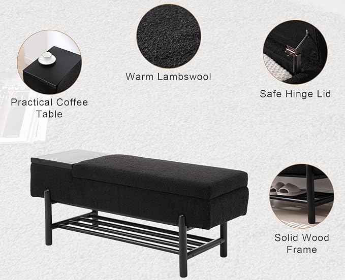 Shunzhi Modern Entryway Storage Bench, Upholstered Shoe Ottoman Bench, Sherpa Flip-Top End of Bed Bench with Wood Shelf/Coffee Table for Living Room/Bedroom/Hallway/Under Window,46.5 Inches,Black Fur