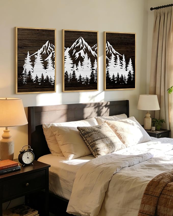 PHOPAGO Mountains Tree Framed Wall Art Large 16x24in Boho Forest Nature Landscape Artwork Paints Morden Country Woodcut Wood Wall Decor Rustic Home Decor - Natural Framed