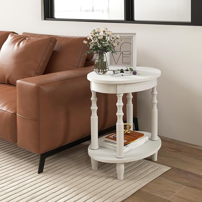 Giantex Oval End Tables Set of 2, 2-Tier Side Tables with Storage Shelf & Solid Wood Legs, Modern Living Room Accent Table, Wood Nightstand for Bedroom, Small Space, 20.5"L x 15.5"D x 24.5"H, White