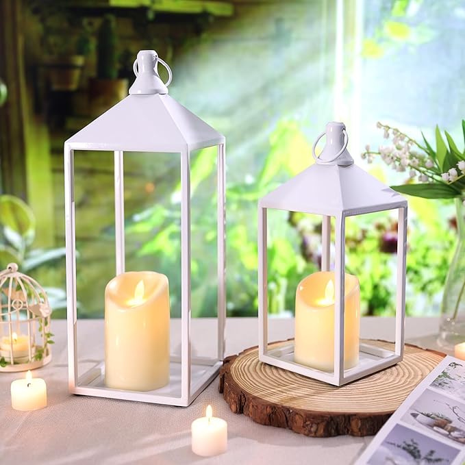 MATAHUM 2pcs Wedding Lanterns Decorative with LED Flameless Candle - White Vintage Farmhouse Metal Decorative Candle Lanterns for Wedding, Fireplace, Table Centerpiece, Indoor, Room, Valentine Decor