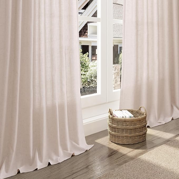 Nanspring Natural White Linen Curtains 120 Inches Long for Living Room Textured Neutral Farmhouse Privacy Sheer Curtains Back Tab Floor to Ceiling Curtain for Bedroom Office 52x120, 2 Panels