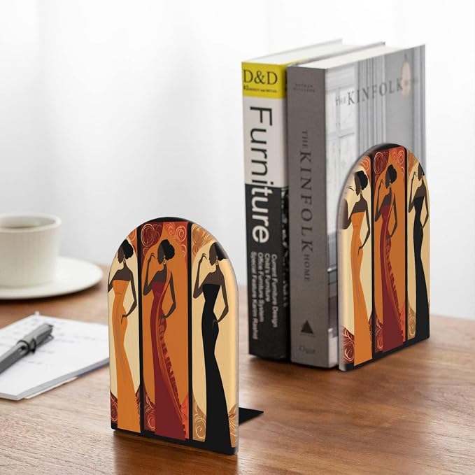Women Retro 2 Piece Wood Decorative Bookends 6.7x4.2 in, Book Ends for Home Office Library Shelves Decor Room Kitchen Desktop