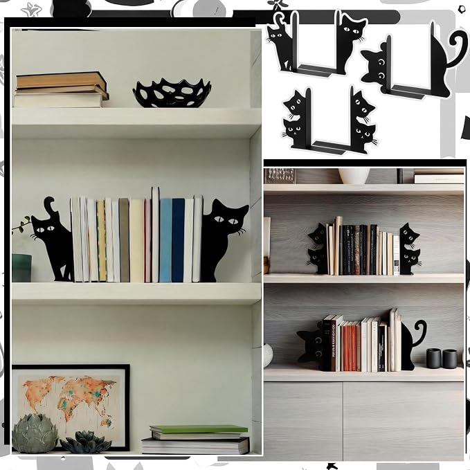 Flutesan 6pcs Black Cat Metal Bookends Cute Cats Bookends for Shelves, Bookshelf Decorative Home Office Desk, Bookstore, Bookshelf Decor Cat and Reading Lovers Gift