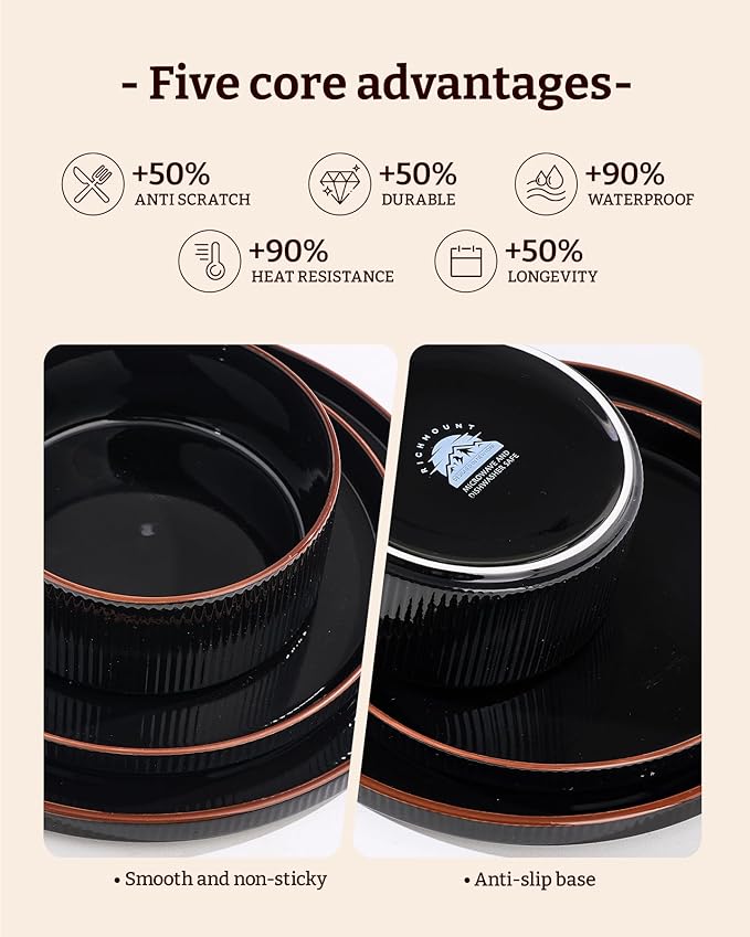 Star 12-Piece Plates and Bowls Set, Porcelain Dinnerware Sets for 4 Service, Modern Dish Set with Rust-Red Rim, Chip and Scratch Resistant, Dishwasher & Microwave Safe, Black