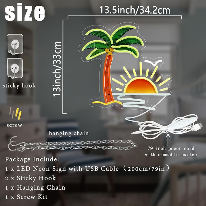 Tropical Neon Sign for Wall Decor, 13.5 x 13 Inch Palm Tree Sunset Neon Light, Dimmable USB Powered Coconut Tree LED Sign for Tiki Bar Hawaii Club Bedroom Bar Beach Theme Restaurant Party Decor