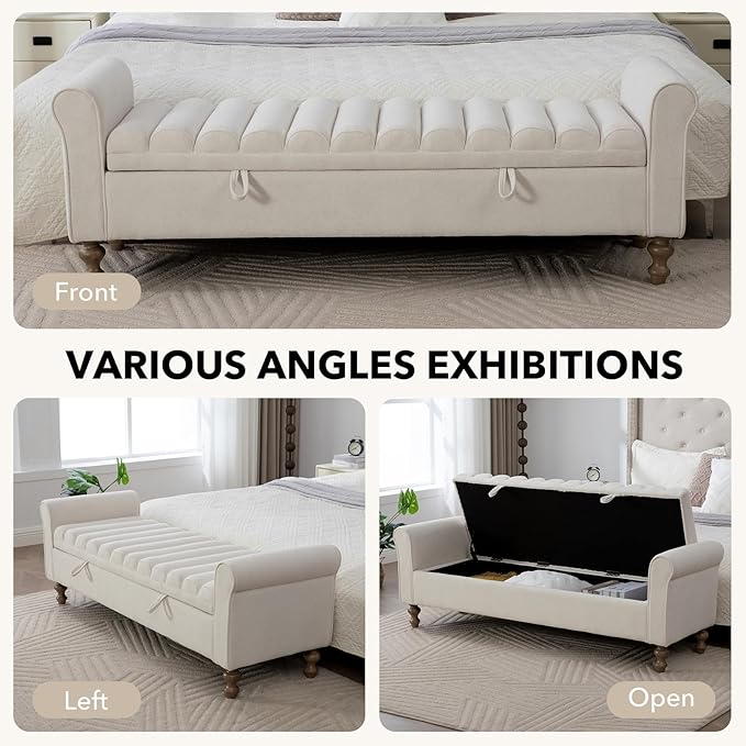 65.55" Oversize Storage Ottoman Bench, Fleece Upholstered End of Bed Benches with Rolled Armrest, Modern King Size Benches with Rolled Armrest, Window Bench (Beige+Single-Cover)
