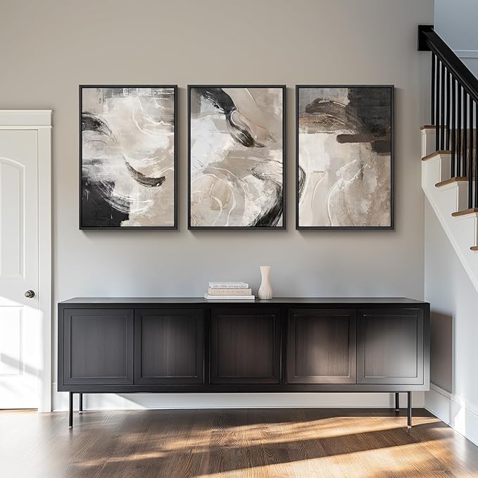 Large Framed Neutral Abstract Wall Art for Living Room, 3 Piece Modern Canvas Prints Paintings Artwork for Walls, Black Beige Brown Neutral Tone Pictures for Hallway Bedroom Office Wall Decor 24x36 In