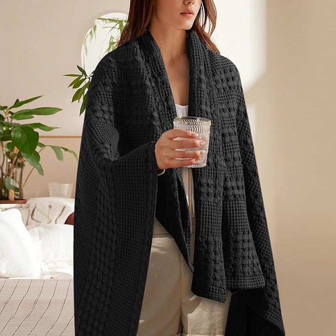 PHF 100% Cotton Waffle Weave Throw Blanket, Soft Lightweight Breathable Cozy Throws for Couch Bed Sofa, Luxury Aesthetic Blanket Gift for Home Decor & Office, 50"x60", Black