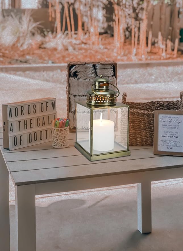 Serene Spaces Living 12" Aurea Candle Lantern, Gold Square Metal Candle Holder - Table, Mantel Decor, Elegant Decorative Centerpiece for Home, Parties, Weddings, Holidays, Special Occasions, Pack of 4