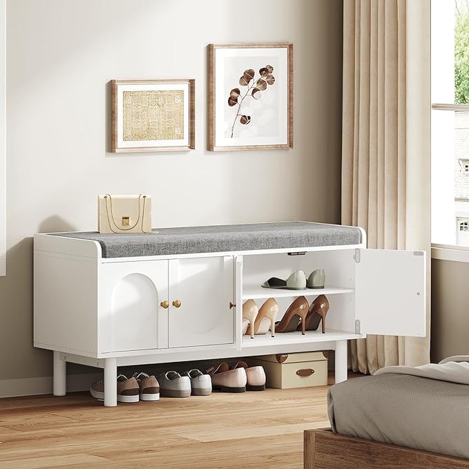 Shoe Storage Bench Set of 2, 2-Tier Entryway Bench with Cushion, 15" D x 39.4" W x 19.7" H, Shoe Cabinet Bench with 4 Doors and Adjustable Shelves, for Entryway, Hallway, Bedroom, White