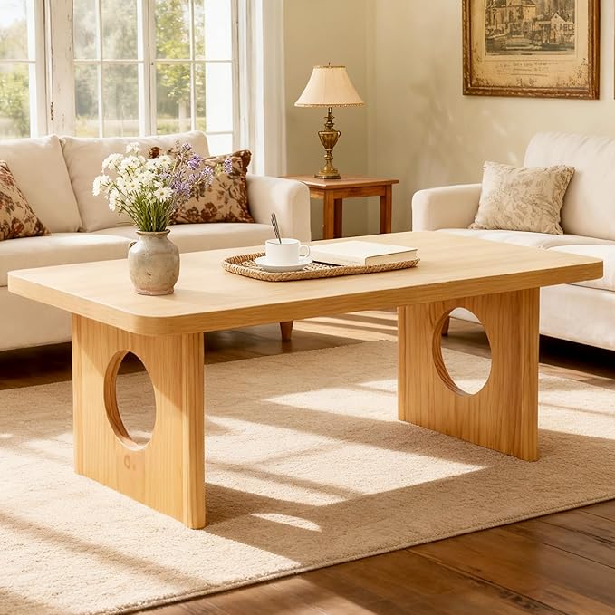 BECHAEO Modern Coffee Table, Solid Pine Wood, 47" Rectangle Center Table for Living Room, Real Wood Legs & Sturdy Base, Minimalist Rustic Coffee Table