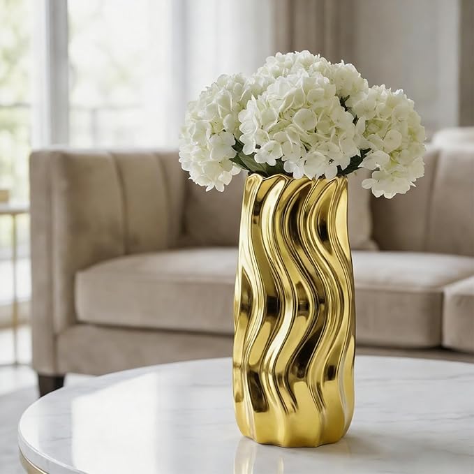 11.5" Gold Ceramic Vase - Minimalist Gold Flower Vase, Large Pampas Grass Vase, Boho Decorative Centerpiece Vase for Home Decor, Wedding, Housewarming, Table, Shelf, Mantel, and Entryway