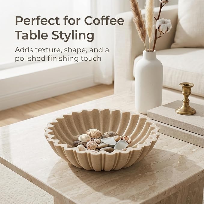 Decorative Bowl for Home Decor, 10.6" Large Modern Beige Scalloped Fruit Bowl for Coffee Table, Entryway Table, Kitchen Counter, Centerpiece for Keys or Candy