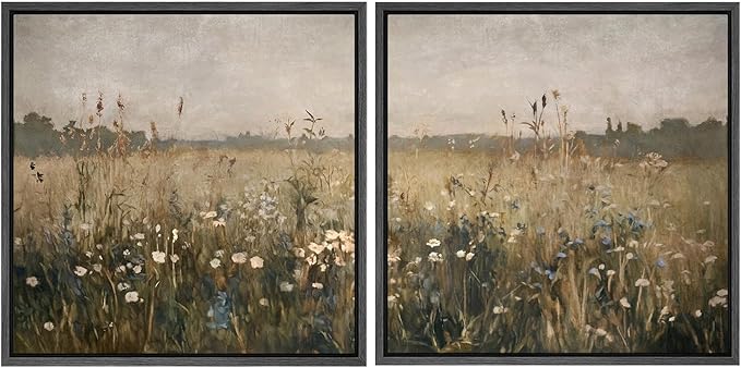 SIGNFORD Framed Canvas Print Wall Art Set Wildflower Field Landscape Meadow Floral Illustrations Modern Art Minimal Relax/Calm for Living Room, Bedroom, Office - 16"x16"x2 Black