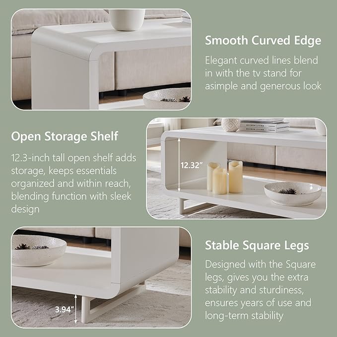 IFGET 48" Modern Coffee Table, 2-Tier Minimalist Center Table with Storage Shelf, Curved Profile Design, Wooden Rectangular Living Room Table w/Wood Thick Design for Living Room, Office, White