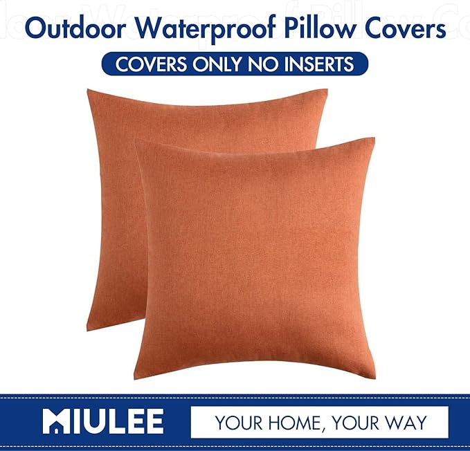 MIULEE Pack of 2 Decorative Outdoor Solid Waterproof Throw Pillow Covers Faux Linen Garden Farmhouse Cushion Cases for Summer Patio Tent Balcony Couch Sofa 18x18 Inch Orange