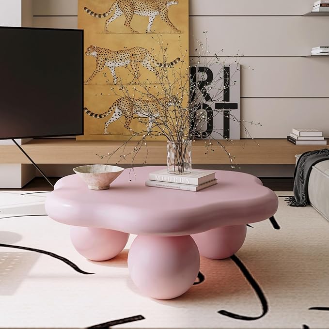 35.03" Cloud Coffee Table for Living Room Unique Coffee Table Modern Low Coffee Tables Cute Center Table with 3 Ball Legs for Small Space Apartment Cream Flower-Pink