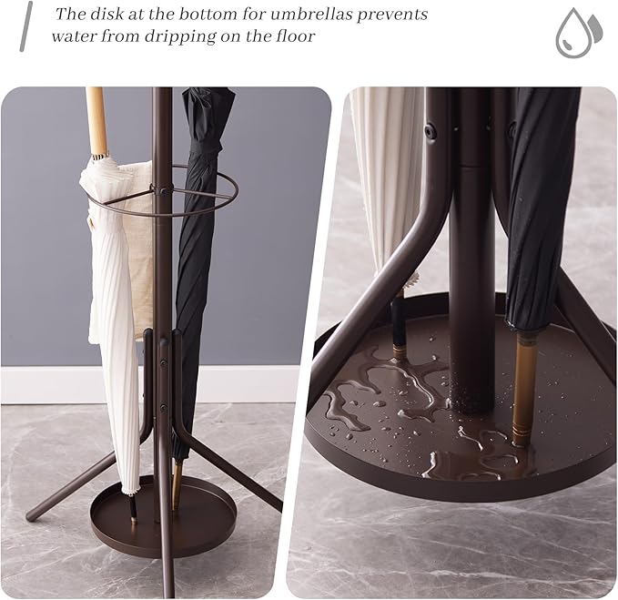 Kitsanery Coat Rack Freestanding,Metal Coat Tree with Umbrella Holder,Hat and Coat Rack Stand for Entryway, Hallway, Living Room, Bedroom (Brown)