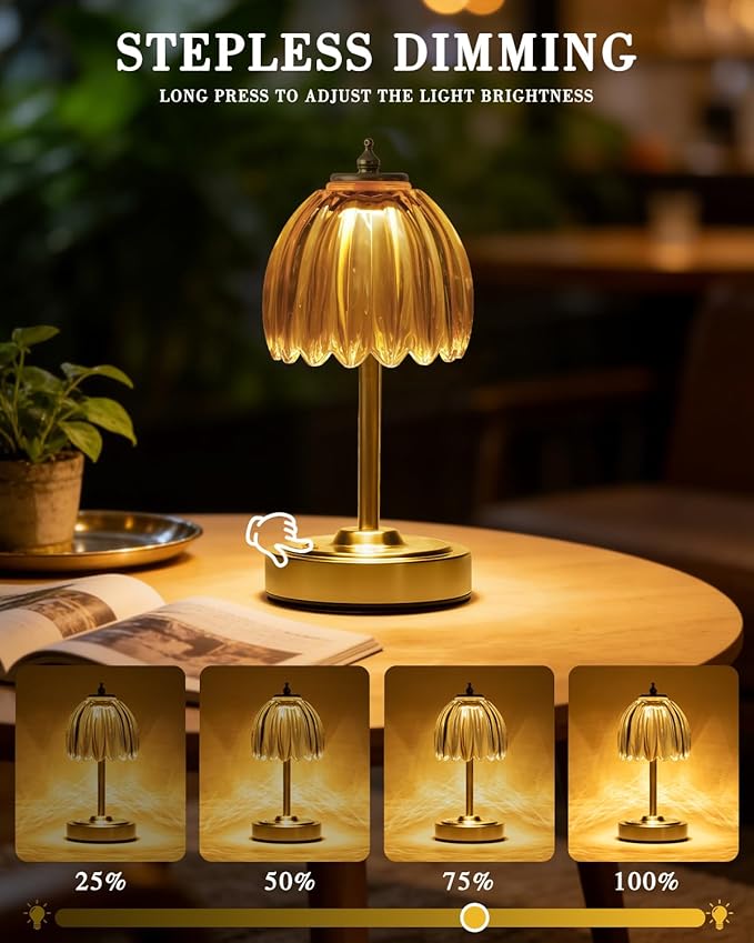 WERFOP Rechargeable Tulip Table Lamp, 5400mAh Cordless & Touch Control Bedside Lamp with 3 Adjustable Color Temperatures & Dimmable Brightness Desk Light for Bedroom, Living Room, Office (Amber)