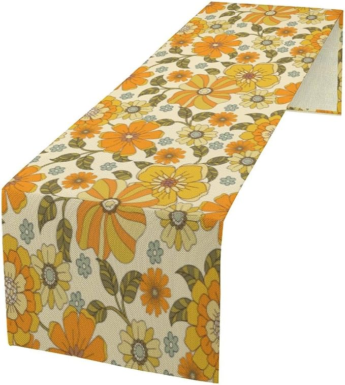 Vintage 60s 70s Floral Table Runner Boho Retro Daisy Flower Hippie Groovy Mid Century Dinner Runner for Home Kitchen Dining Table Party Holiday Decor 13"x90"