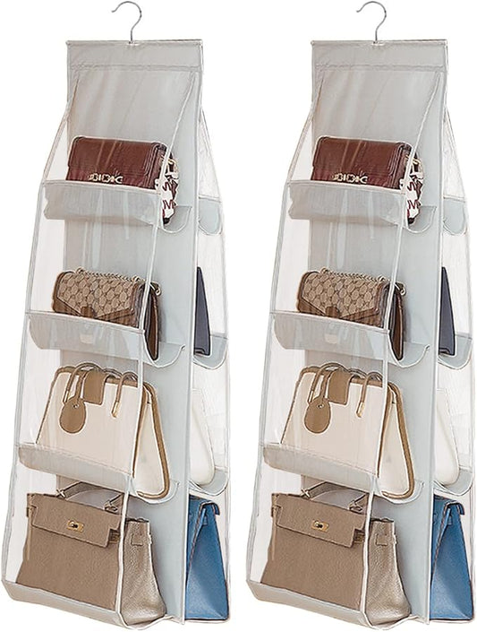AARAINBOW 2 Packs Hanging Handbag Purse Organizer for Closet, 8 Pockets Space Saving Purse Storage Organizers, Wardrobe Bag Organizer Pocketbook Organizer, 45.7 L x 14.1W (2 Light Gray)