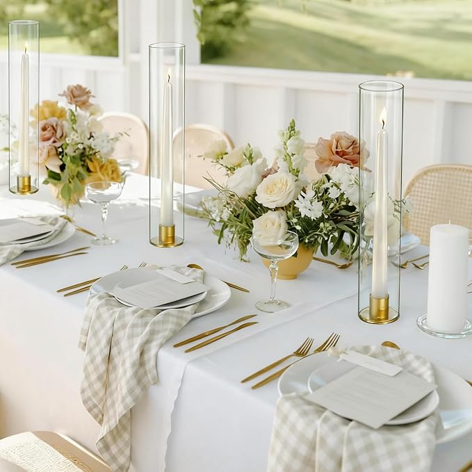 Vixdonos Glass Hurricane Candle Holder with Metal Candle Stand Set of 6 Modern Taper Candlestick Holders 11.8 inch Tall Candleholder for Wedding Party Table Centerpiece Outdoor