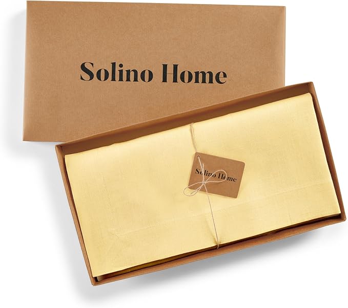 Solino Home Linen Tablecloth 52 x 52 Inch - 100% Pure Linen Golden Straw Square Tablecloth - Fete, Machine Washable Table Throw for Summer
