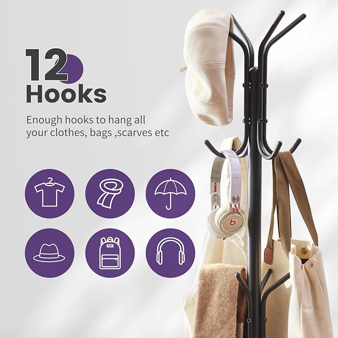 Coat Rack Freestanding,Entryway Hanger Stand,Umbrella Holder,Hall Tree With 12 Hooks, Floor Standing Metal Tree Stand,Black