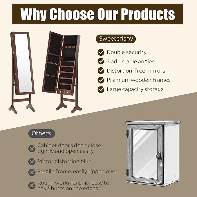 Sweetcrispy Freestanding Jewelry Armoire Cabinet, 47.3-Inch Full Length Jewelry Organizer Standing Mirror, Tall Lockable Large Capacity Makeup Organizer Storage, Velvet Lining, 3 Angles, Rustic Brown