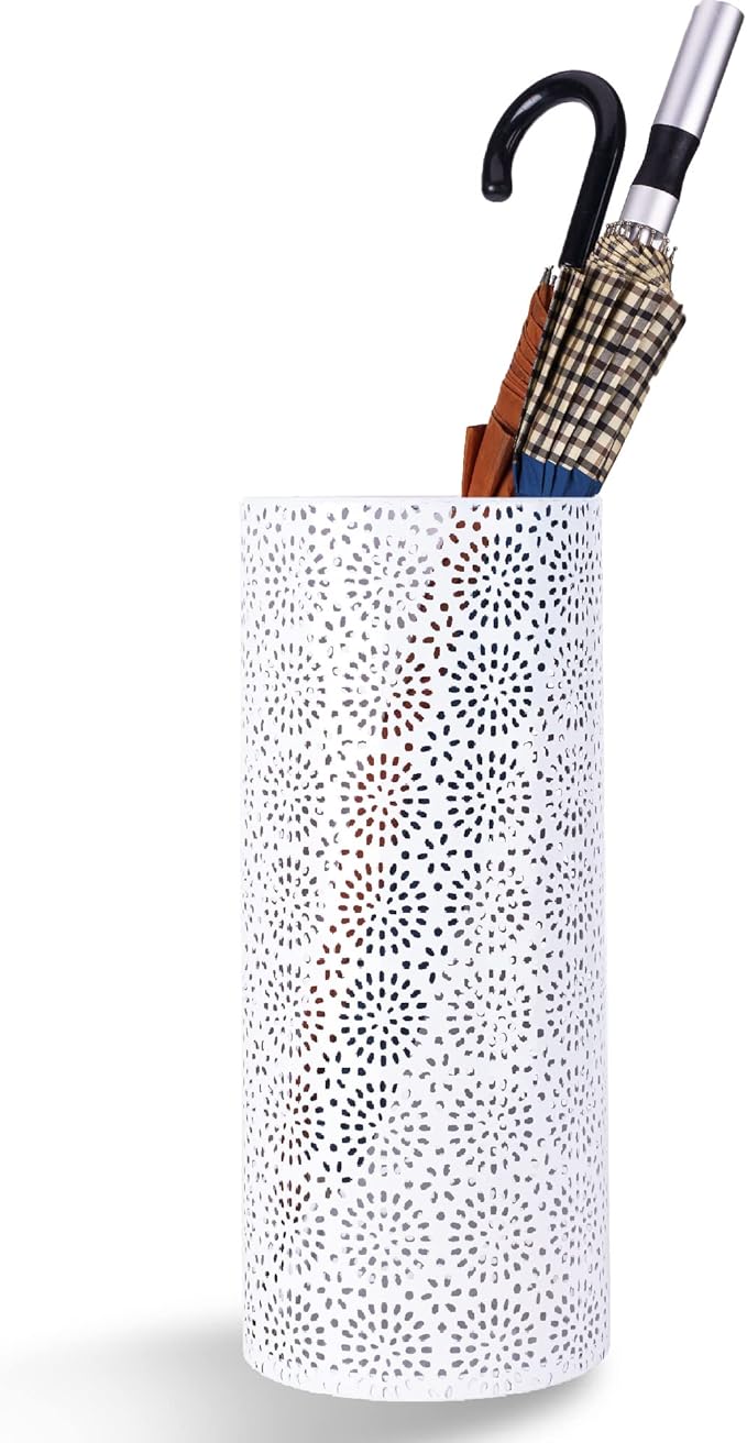 BEWBBAT Umbrella Stand Rack for Entryway, Free Standing Metal Umbrella Holder, Round Umbrella Organizer Bin with 3 Hooks for Long Short Umbrella, Walk Stick, Home Office Indoor, 17 x 7 Inch, White