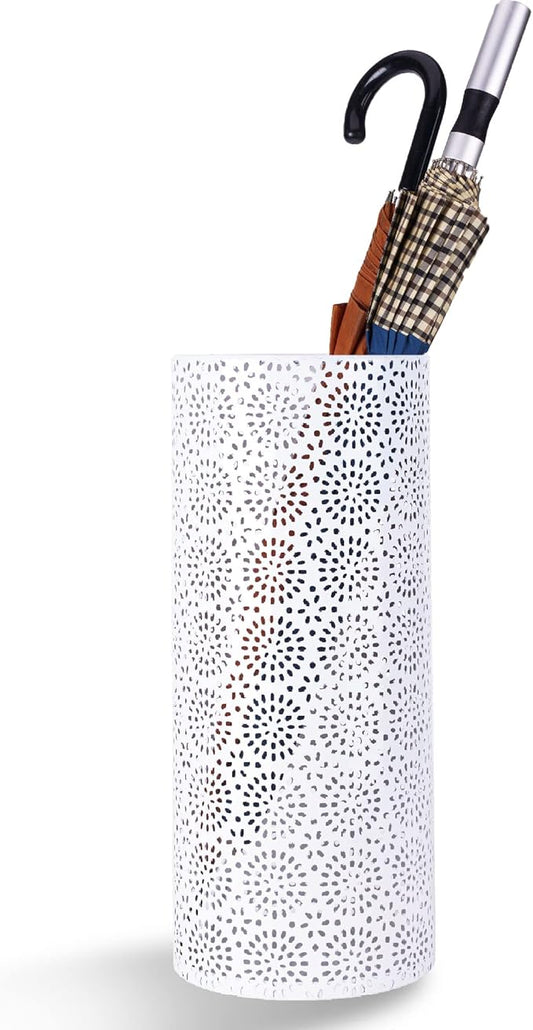 BEWBBAT Umbrella Stand Rack for Entryway, Free Standing Metal Umbrella Holder, Round Umbrella Organizer Bin with 3 Hooks for Long Short Umbrella, Walk Stick, Home Office Indoor, 17 x 7 Inch, White