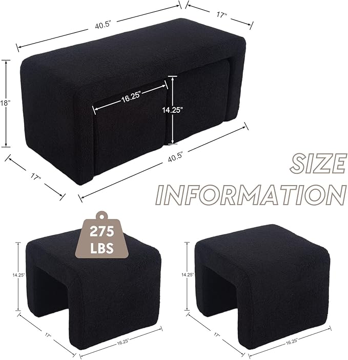 ROCITY Modern Boucle Bench Black Sherpa Ottoman Bench for Entryway, Bedroom End of Bed, Set of 3 Small Sofa Footrest Extra Seating for Living Room, 20+50 Inch Bench