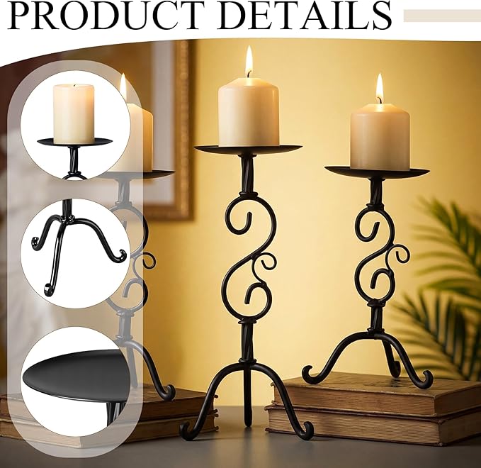 Set of 3 Black Iron Candlestick Holder Metal Vintage Candle Holder 11.8, 9.8, 6.3 Inch Tall Decorative Wrought Iron Pillar Candle Sconce Home Decor Wedding Dinning Party Anniversary(Classic)